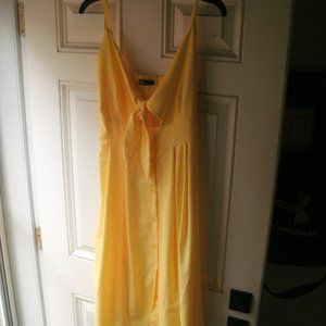 Yellow Midi Dress Front Tie on Top  Smocked in Back A-line Button Front Skirt L